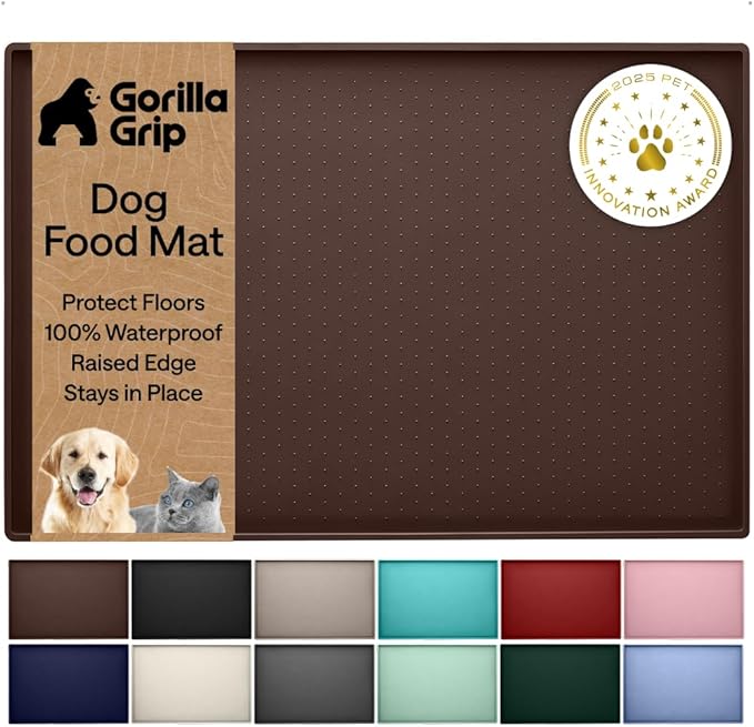 GORILLA GRIP 100% Waterproof Raised Edge BPA Free Silicone Pet Feeding Mat, Dog Cat Food Mats Contain Spills Protects Floors, Placemats for Cats and Dogs Water Bowl, Pets Accessories 18.5x11.5 Brown by Unknown
