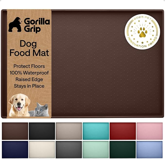 GORILLA GRIP 100% Waterproof Raised Edge BPA Free Silicone Pet Feeding Mat, Dog Cat Food Mats Contain Spills Protects Floors, Placemats for Cats and Dogs Water Bowl, Pets Accessories 26x17 Brown by Unknown