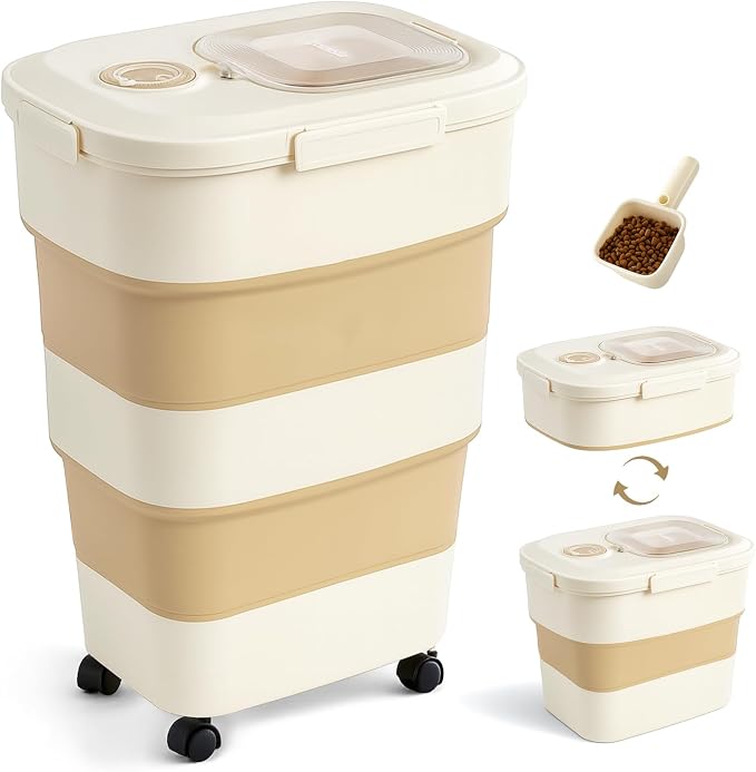 ZOMISIA 40-50lbs Dog Food Storage Container, Large Capacity Collapsible Airtight Pet Food Storage Containers with Rolling Wheels, Transparent Lid, Scoop and Date Track, Khaki by Zomisia