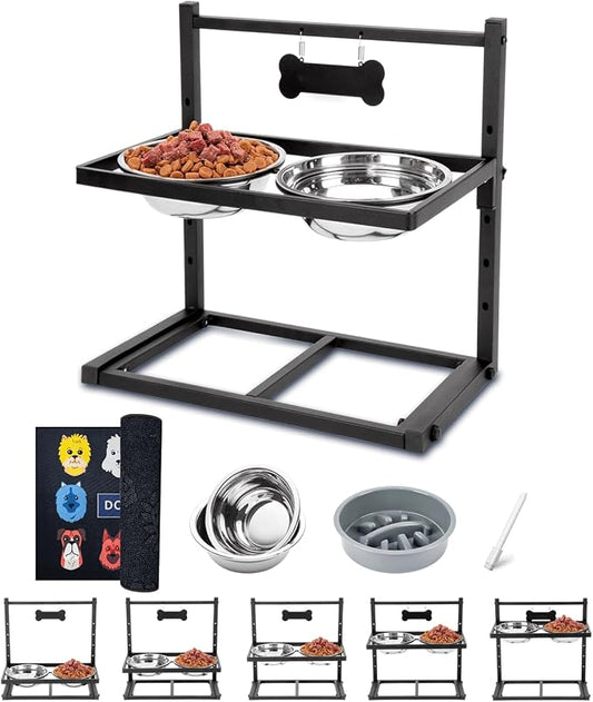 Elevated Dog Bowls with Slow Feeder & Mat, Adjusable Height Raised Dog Bowl Stand with 2 Stainless Steel 1200ML Bowl by TIDANT