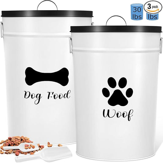 DoubleFill Extra Large 30+30 lb Metal Dog Food Storage Containers Set of 2 Airtight Dog Treat Snack Jars with Lids and Spoon Farm House Style Big Pet Cookie Jar for Kitchen Counter Gift by DoubleFill