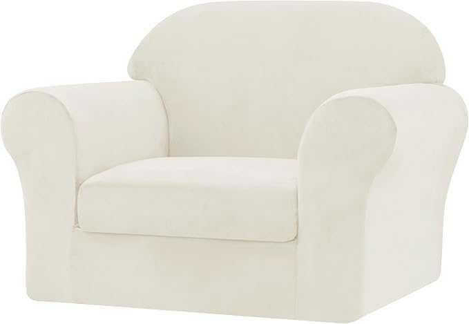 CHUN YI 2 Piece Velvet Armchair Cover Couch Covers 1 Cushion, Water Resistant Chair Slipcover with Arms, Non Slip High Stretch Thick Furniture Protector for Dogs Pets, Small, Ivory White by CHUNYI