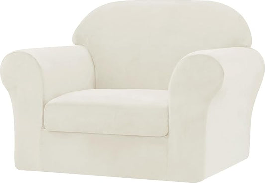 CHUN YI 2 Piece Velvet Armchair Cover Couch Covers 1 Cushion, Water Resistant Chair Slipcover with Arms, Non Slip High Stretch Thick Furniture Protector for Dogs Pets, Small, Ivory White by CHUNYI