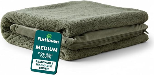 Furhaven Replacement Dog Bed Cover Faux Fur & Velvet Sofa-Style, Machine Washable - Dark Sage, Medium by FurHaven