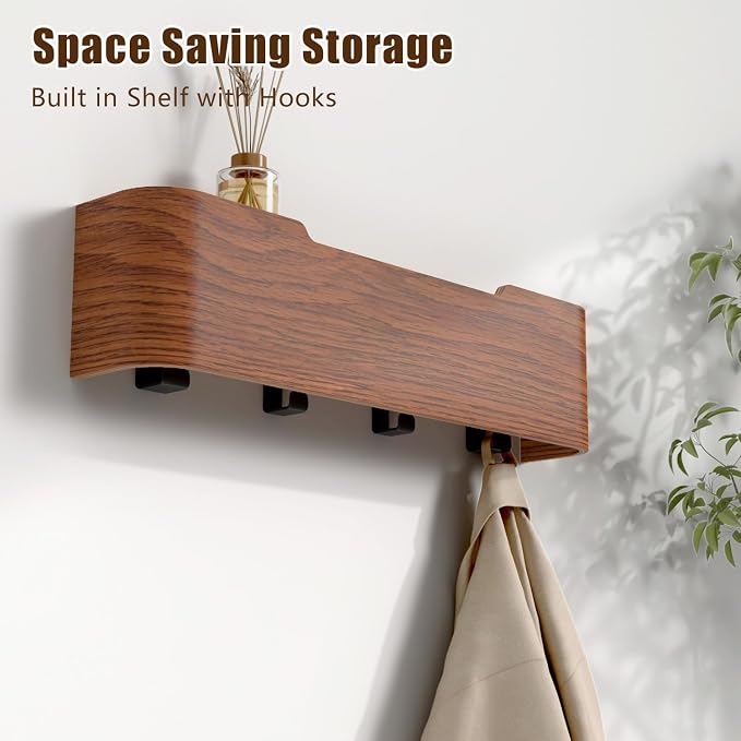 Coat Rack Wall Mount with Hidden Hooks, Wall Hooks with Shelf, Wall Key Holder Mount Wooden Shelf Entryway Hooks for Bedroom Bathroom for Hanging Coats Hats Bags Towels (Walnut, 4 Hooks) - Image 2