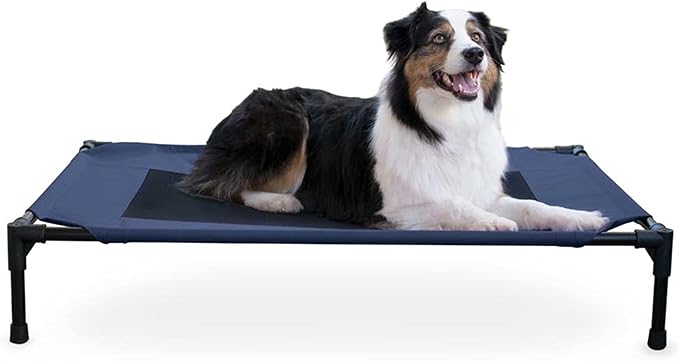 K&H Outdoor Elevated Dog Bed - Cooling Raised Dog Bed for Medium & Large Pets, Breathable Mesh Center Hammock Design, Indoor/Outdoor Washable Cover, Portable Metal Frame, Blue, Large 42x30in by KHPetProducts