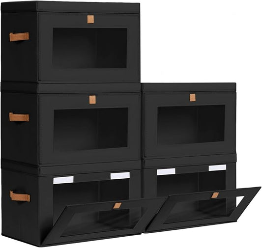 Homsorout Large Closet Storage Bins - Collapsible Clothes Organizer with Handles & Window, Decorative Boxes with Lids, Linen Closet Organizers for Living Room, Dorm, 5 Pack, Black by Homsorout