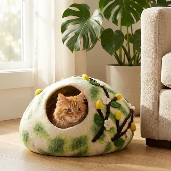 Felt Cat Cave — Handmade Wool Cat Bed for Indoor Cats, Cute Cat Bed, Fits 1 Large or 2 Small Cats, Flower Climber Design, Natural Wool Cat Cave, Cozy Cat House Hideaway - Image 2