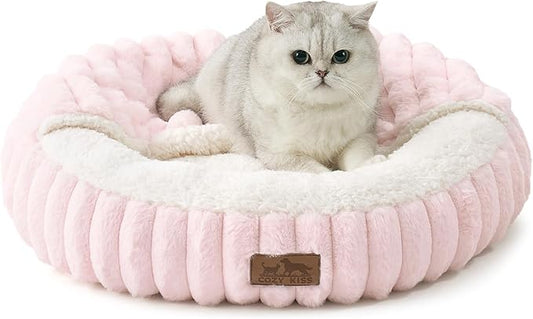 Cat Bed with Hooded Blanket, Round Fluffy Anti-Anxiety Pet Bed for Cats/Small Dogs, Cozy Donut Cuddler with Machine Washable Faux Fur & Anti-Slip Bottom(23"×23"×6",Pink) by COZYKISS