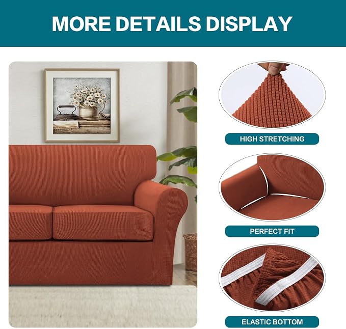 Turquoize 4 Piece Sofa Covers for 3 Cushion Couch Sofa Slipcover Soft Couch Cover for Dogs-Washable Sofa Furniture Covers with 3 Individual Cushion Covers (3 Cushion Sofa, Rust) - Image 4