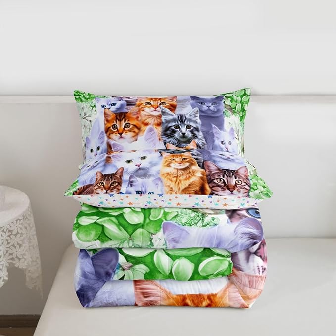 Feelyou Cute Cartoon Cat Girls Comforter Set Queen Size 3Pcs with 2 Pillowcases Floral Green Bedding Set Feline Animal Lovers Decor - Image 4