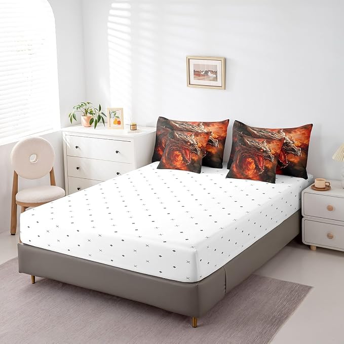 7 Pieces Comforter Set King Size, Red Fire Dragon Bedding Bed in a Bag with Flat Sheet and Fitted Sheet for Kids and Adults, 3D Fire Dragon Comforter Set with Sheets, Pillowcases & Pillow Covers - Image 5