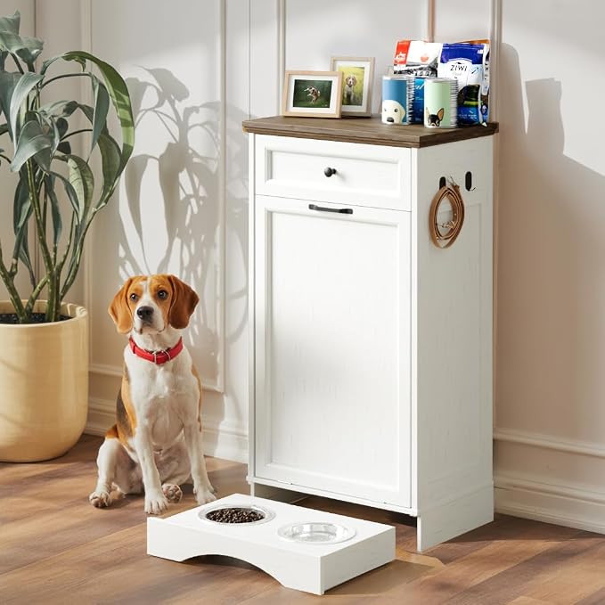 FIMELLO 21 ''WX 13''DX39''H Dog Feeding Station with 2 Feeding Bowls, Tilt-Out Dog Food Storage Cabinet with Drawer,Pet Feeder Cabinet,White Grain - Image 7