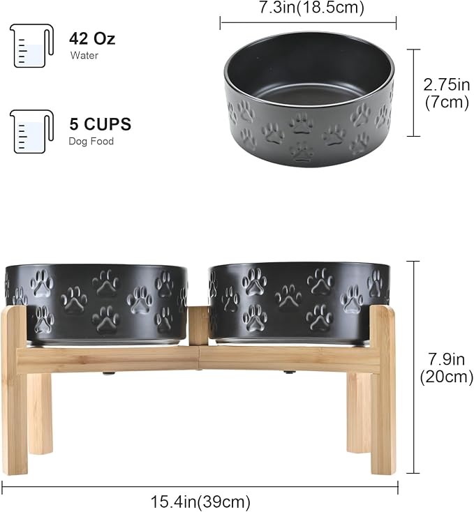 SPUNKYJUNKY Elevated Dog Bowls Ceramic, 7.3'' Dogs Food Water Bowls Raised with Non-Slip Bamboo Stand for Medium to Large Sized Breed Microwave Dishwasher Safe - 42 OZ,Paw Black - Image 2