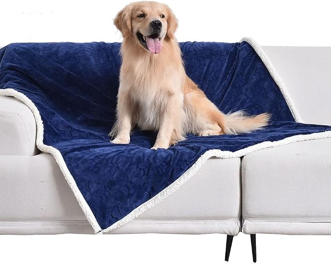Qeils Waterproof Blanket for Bed, Dog Blankets for Large Dogs, Waterproof Cat Blanket Washable, Soft Sherpa Fleece Puppy Blanket, Reversible Throw Protector for Couch Car, 50"X60", Navy Blue by Qeils