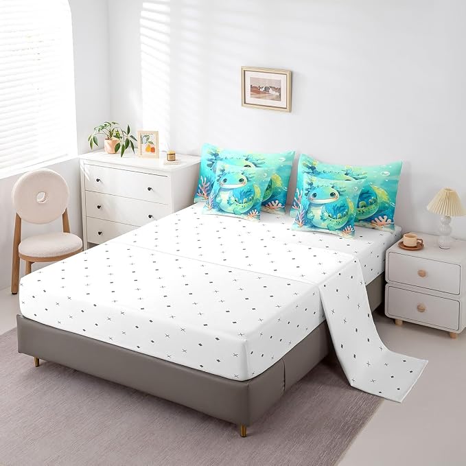 Feelyou Cute Axolotl 7 Piece Bedding Set Full Size Cute Blue Teal Axolotl for Kids Boys Girls Teens Toddler Ocean Animal Bed in a Bag Comforter Set with Sheets Cartoon Bed Set - Image 4