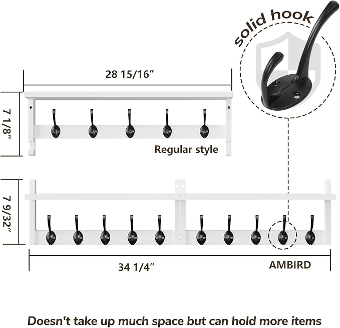 AMBIRD 34.2" L Wooden Wall Coat Hooks with Shelf - Versatile and Decorative Wall-Mounted Storage - 10 Hooks for Hanging Coats, Hats, Keys, Bags, Scarves - Ideal for Entryways, Bedrooms, Closets(White) - Image 5