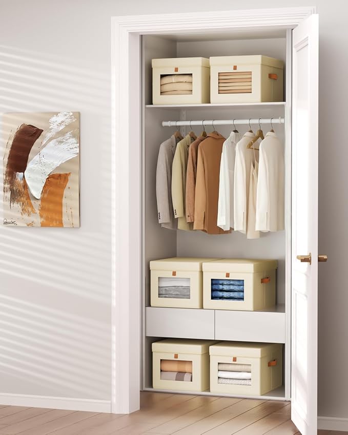 Homsorout Storage Bins with Lid – Closet Organizer with Side Opening and Clear Window, Foldable Stackable Fabric Basket for Clothes, Home, Office - 13.77" x 11.8" x 9.8", 6 Pack, Beige - Image 5