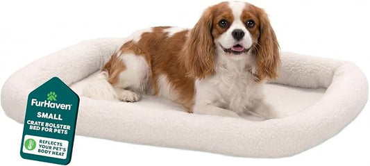 FurHaven Dog Bed for Small Dogs & Cats, Bolster Crate Pad with Soft Supportive Base for Carriers & Kennels, Machine Washable, Small, Sherpa Fleece, Cream by FurHaven