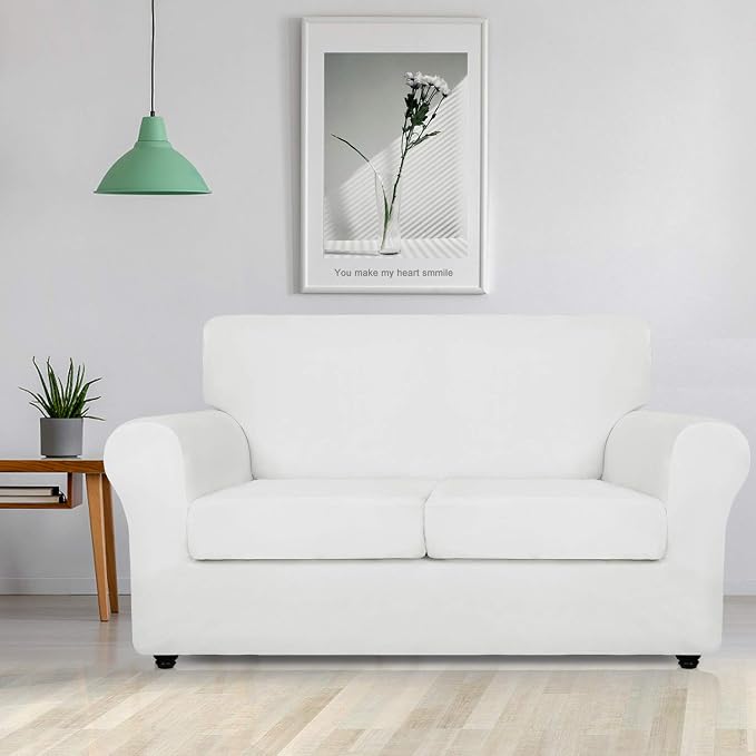 ZNSAYOTX Luxury Velvet Sofa Cover 3 Piece (57"-70") Stretch Loveseat Covers for 2 Cushion Couch Thick Soft Couch Slipcover with Non Slip Strap, Dog Pet Friendly Nice Furniture Protector (White) - Image 2