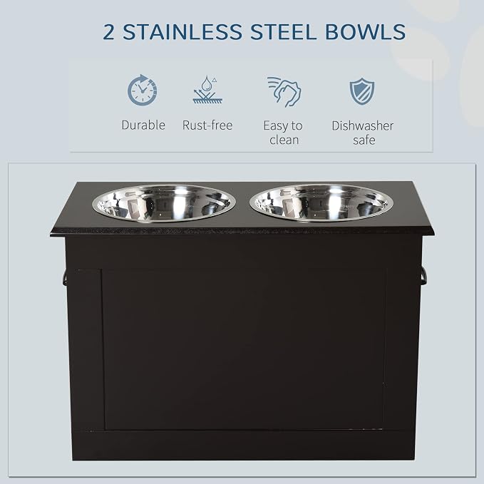 PawHut Raised Pet Feeding Storage Station with 2 Stainless Steel Bowls Base for Large Dogs and Other Large Pets, Coffee | with2 Stainless Steel Bowls Base for Other Large Pets - Image 4
