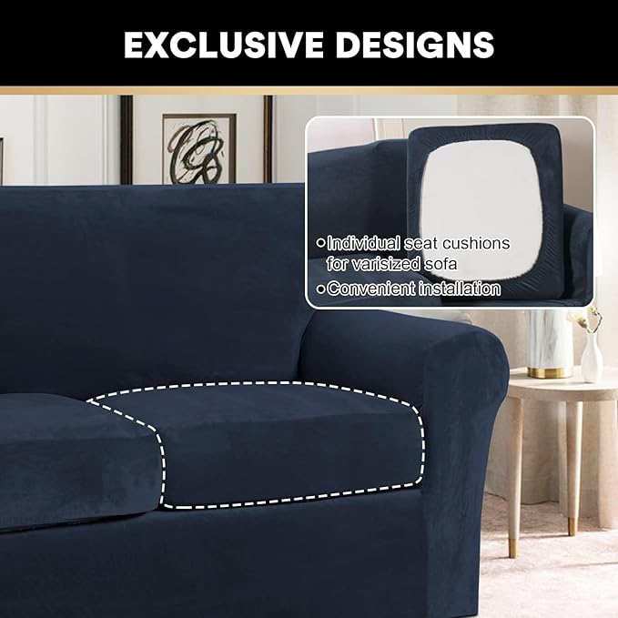 PrinceDeco Couch Cover Velvet Plush Sofa Covers for 2 Cushion Couch Width Up to 90 Inch Washable Furniture Protector Pet Friendly No Slip Sofa Slipcover(Medium-Large, Navy) - Image 5