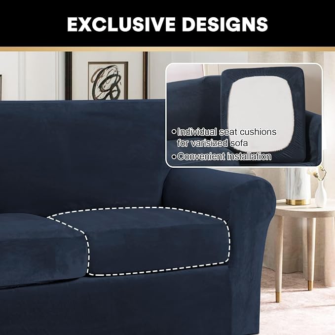 PrinceDeco Couch Cover Velvet Plush Sofa Covers for 2 Cushion Couch Width Up to 90 Inch Washable Furniture Protector Pet Friendly No Slip Sofa Slipcover(Medium-Large, Navy) - Image 5