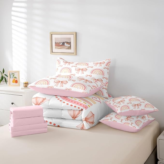 Erosebridal 7 Piece Rainbow Bowknot Bedding Set for Teens,Dreamy Princess Style Kids Girls Comforter Set King Bed in a Bag,Romantic Valentine Day Sheet Set,Bow Tie Heart Shaped Duvet Insert - Image 6