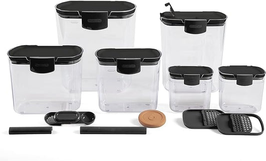 Progressive ProKeeper Baker's Airtight Kitchen Storage Canister Container Set for Flour, Sugar & More, Keeps Ingredients Fresh, with Accessories (Black, 6- Piece) by ProgressiveInternational