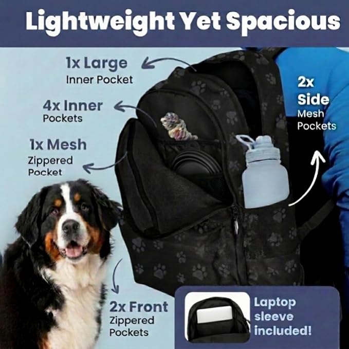 Rubyloo Dog Travel Backpack for Supplies - Dog Diaper Bag with Travel Bowls | 2 BPA-Free Bowls; Food Container & Treat Pouch; Placemat; Laptop Sleeve; Poop Bag Dispenser, Hiking, Camping & Road Trips, - Image 5