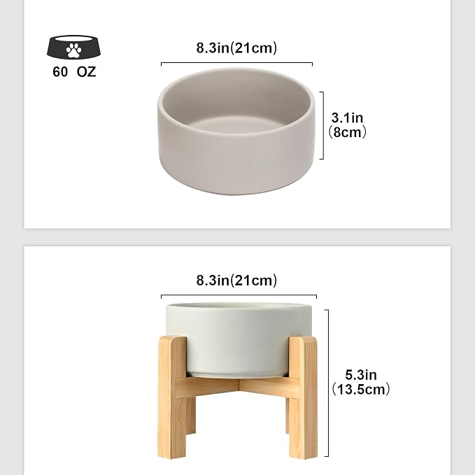 SPUNKYJUNKY Ceramic Elevated Dog Bowls 2 Pack - 8.3inch Raised Dog Bowls with Non-Slip Wooden Stand for Large Dogs Dishwasher Safe(Grey,60OZ*2) - Image 2