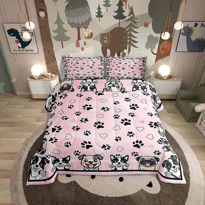 Manfei Cute Dog Paw Comforter Set,Cartoon Puppy Pet Animal Lover Bedding Set for Teens Young Room,Dogs Footprint Love Hearts Kawaii Pink Quilt Set 3 Pcs with 2 Pillowcases,Full by Manfei