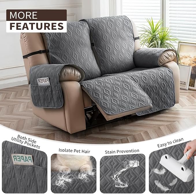 Genina Loveseat Recliner Cover Non-Slip, Sofa Cover for Reclining Couch 2 Seat, Loveseat Covers Double Recliner Furniture Protector Cover with Elastic Straps for Pets (Dark Gray, Recliner Loveseat) - Image 6