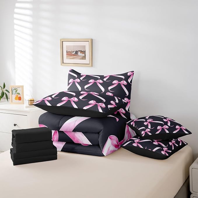 Erosebridal 7 Piece Bowknot Bedding Set King,Modern Pink and Black Bow Ribbon Kids Comforter Set for Boys Girls,Dreamy Princess Style Quilt Set,Watercolor Bows Sheet Set Valentine Decor - Image 6