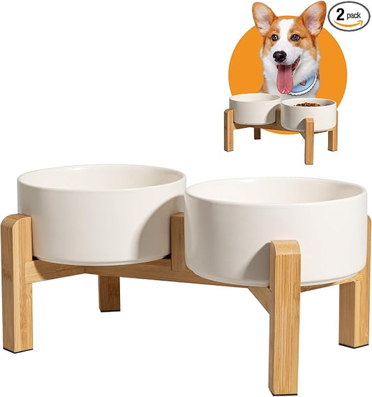 Elevated Ceramic Dog Bowl, 3.6 Cups Dog Food and Water Bowl Set with Stand | 6.1'' Double Dog Feeding Dishes, Non-Slip Raised Dog Feeder for Small and Medium Breeds, 28.74 OZ / 850 ML, White by PTOBER