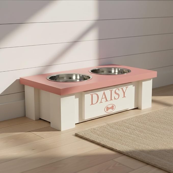 Elevated Dog Bowls for Small Dogs, Personalized Food Stand for Toy Breed | Farmhouse Style, Elevated Wood Stand, Storage Container, Stainless Steel Bowls, Raised Anti-Slip Feeder, Made in USA - Image 4