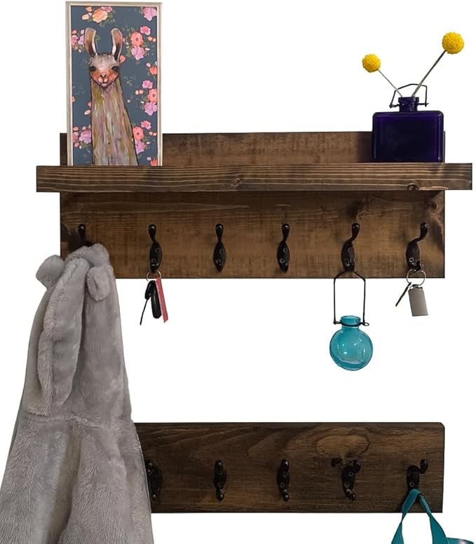 Coat Rack with Shelf Wall Mounted with Storage (Choose Your Length) Towel Rack Entryway Organizer Key Hooks (16" L (4 Hooks) Set of 2) by DistressedMeNot