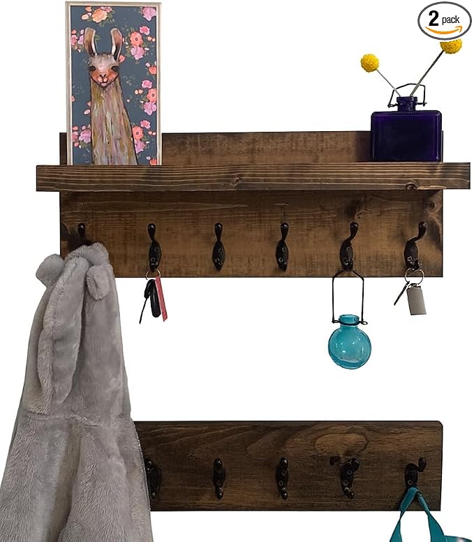 Coat Rack with Shelf Wall Mounted with Storage (Choose Your Length) Towel Rack Entryway Organizer Key Hooks (40" L (10 Hooks) Set of 2) by DistressedMeNot