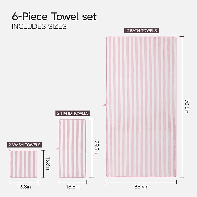 REDKISS Ultra Soft Bath Towel Set 6-Piece 35"x70" | 100% Microfiber, Highly Absorbent | Quick Dry Towels for Bathroom, Spa, Gym | 2 Bath, 2 Hand, 2 Washcloths | Pink - Image 3