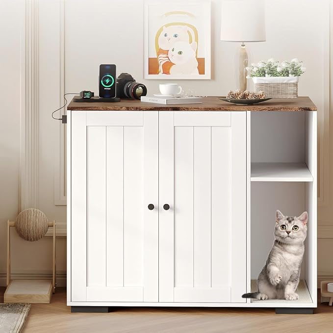 Garvee Large Cat Robot 4 Enclosure Furniture, Cat Litterbox Robot Cabinet | With Power Outlet, 5 ft Power Cord, Dog Proof Shelf, for Most Self-Cleaning Litter Boxes White by Garvee