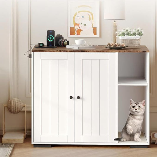 Garvee Large Cat Robot 4 Enclosure Furniture, Cat Litterbox Robot Cabinet | With Power Outlet, 5 ft Power Cord, Dog Proof Shelf, for Most Self-Cleaning Litter Boxes White by Garvee