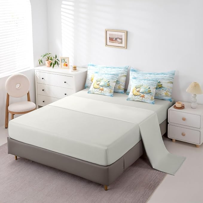 Erosebridal Kids Coastal Bed in A Bag King, Summer Beach Nautical Comforter Set with Sheets for Boys Girls Teens Adults, Shell Seaweed Starfish 7 Pieces Bedding Set, Sea Waves Marine Life Bed Sets - Image 4