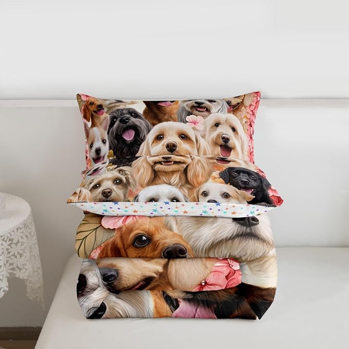 Feelyou Cute Dog Toddler Bedding Set Cartoon Animal Pattern Comforter Set for Kids Boys Girls Pet Dog Lover Decor Comforter Floral Plants Red Quilt Set Room 2Pcs Twin Size - Image 3