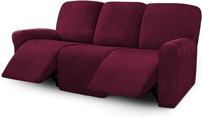 ULTICOR Velvet 8-Pieces Recliner Sofa Covers Stretch Reclining Couch Covers for 3 Cushion Reclining Sofa Slipcovers Furniture Covers Thick Soft Washable (3 Seater Recliner Cover, Wine) by ULTICOR
