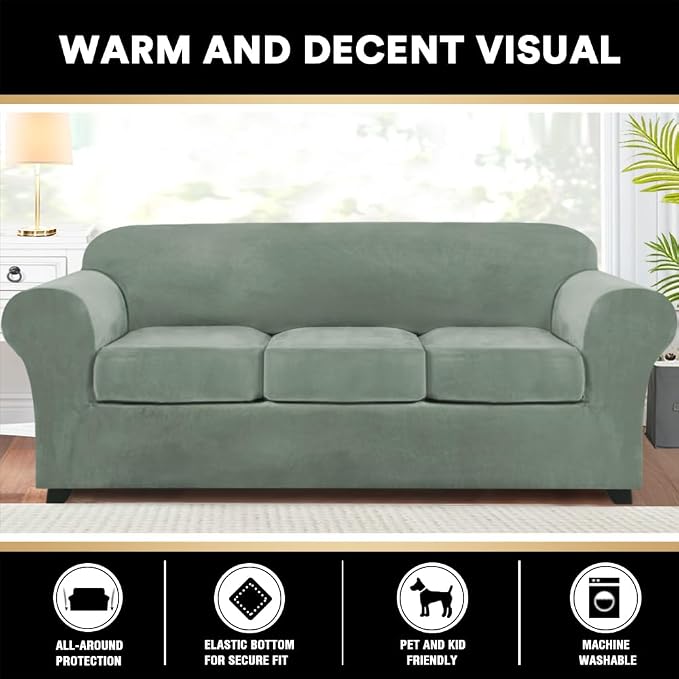 PrinceDeco Velvet Couch Covers for Sofa Soft 4 Pieces Couch Covers for 3 Cushion Couch Sofa Pet Friendly Furniture Protector with Non Slip Elastic Bottom Width Up to 90 Inch(Large, Seagrass) - Image 6