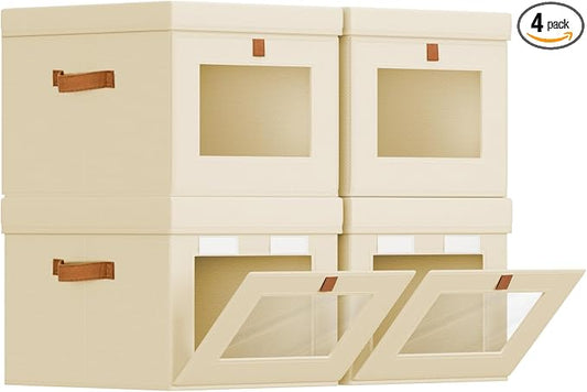 Homsorout Storage Bins with Lid – Closet Organizer with Side Opening and Clear Window, Foldable Stackable Fabric Basket for Clothes, Home, Office - 13.77" x 11.8" x 9.8", 4 Pack, Beige by Homsorout