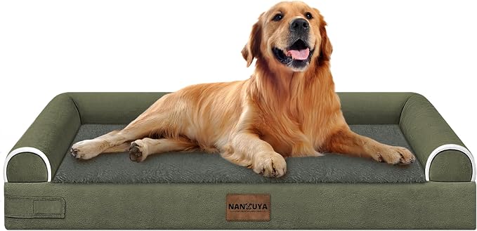 NANUYA Orthopedic Dog Bed for X-Large Dogs, 40 x 32 Inch, Dark Green | Egg crate foam for joint support, 3-sided bolster pet sofa, waterproof lining, washable cover, and non-skid base by Nanuya