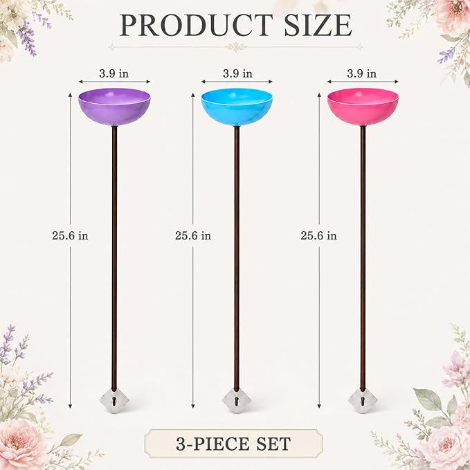 Colorful Metal Bird Bath Garden Stakes 3 Pack - Multi-Height Rustproof Outdoor Bird Feeder Water Station for Hummingbird Butterfly Bee, Decorative Yard Lawn Rain Catcher Ornament (Blue/Green/Red) - Image 2