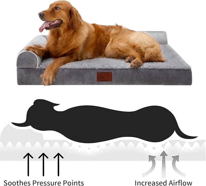Orthopedic Dog Bed, Pet Sofa with Bolster for Extra Large Dogs | Egg Crate Foam, Removable Washable Cover, Waterproof Lining, Non-Slip Bottom, L-Shape, Cozy Plush, 42 x 30 Inch, Grey - Image 2