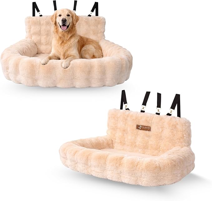 Pelsbarn Luxurious Cozy Car Bed - M/L Luxury Travel Dog Bed with Safety Belt - Ultra Soft Faux Fur - Beige